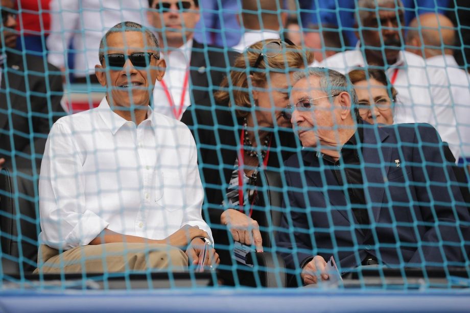 HAVANA CUBA- MARCH 22 U.S. President Barack Obama and Cuban President Raul Castro arrive for an exposition game between the Cuban national team and the Major League Baseball team Tampa Bay Devil Rays at the Estado Latinoamericano