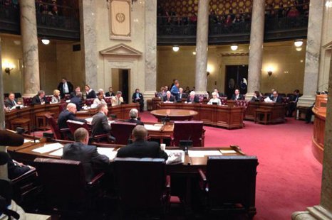 The Wisconsin State Senate convenes Feb. 25 2015 in an extraordinary session to discuss right-to-work legislation