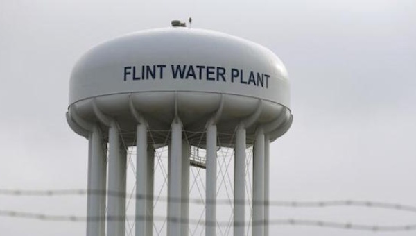 The top of the Flint Water Plant tower is seen in Flint Michigan in this