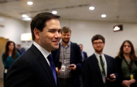 Former Republican presidential candidate Senator Marco Rubio passes by reporter's after voting on Capitol Hill in Washingt