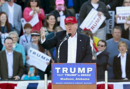 U.S. Republican presidential candidate Donald Trump speaks to supporters at a rally at Madison City Schools Stadium in Madison Alabama