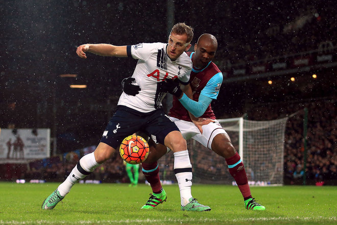 Tottenham Hotspur's Harry Kane left and West Ham United's Angelo Ogbonna battle for the ball during the English Premier League match between Tottenham Hotspur and West Ham at Upton Park London Wednesday