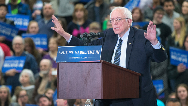 Democratic presidential candidate Senator Bernie Sanders speaks to guests during a rally at Macomb Community College