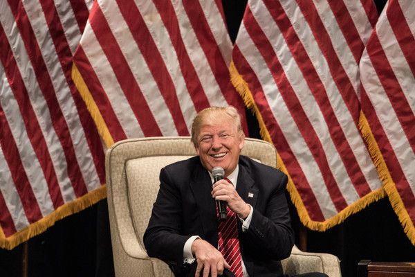 Republican presidential candidate Donald Trump addresses the crowd during a campaign rally at Lenoir Rhyne University