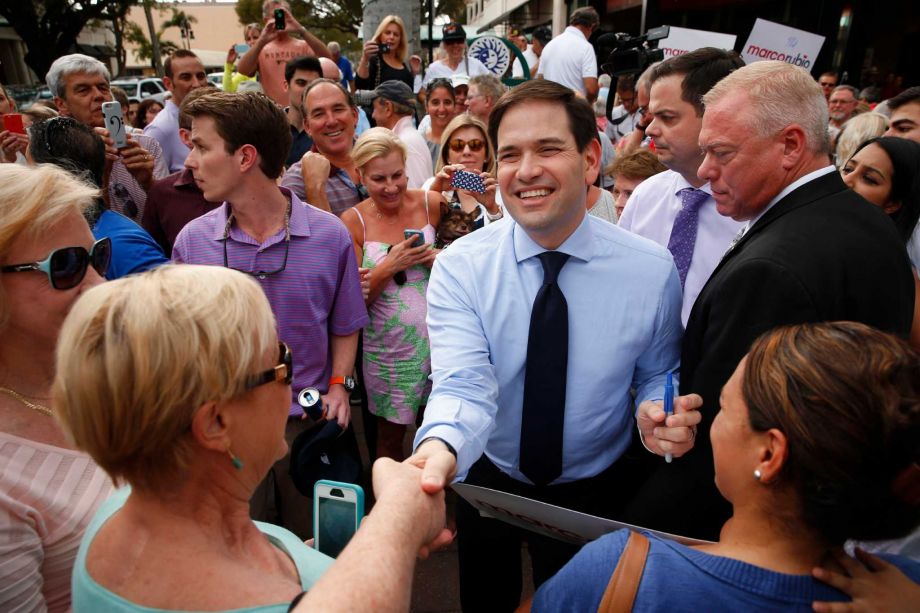 Republican presidential candidate Sen. Marco Rubio R-Fla. greets supporters in Naples Fla. After a brutal run of results in his campaign for president Rubio's political future will be decided by voters in his home state