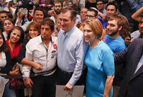 Republican presidential candidate Sen. Ted Cruz R-Texas and Former Republican presidential candidate Carly Fiorina pose for