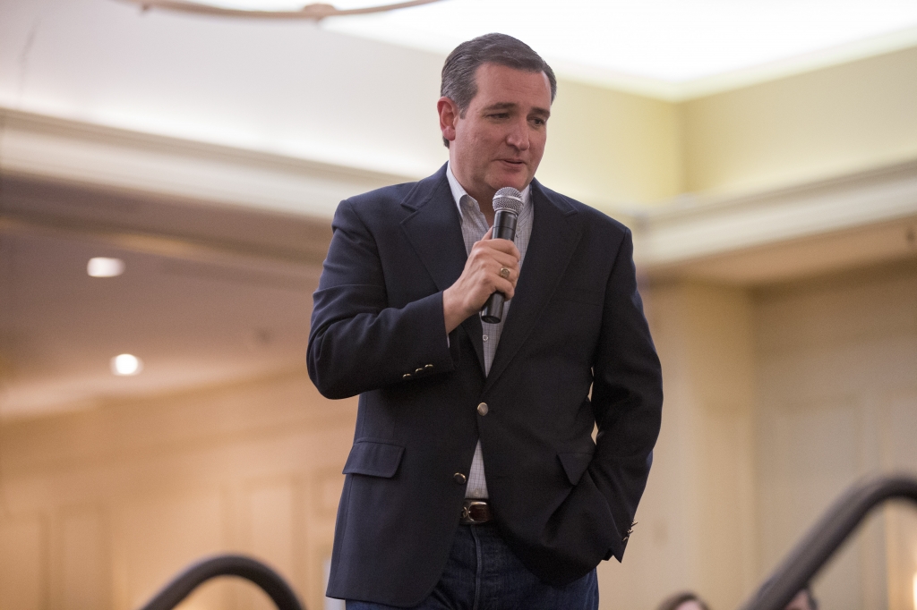 Republican presidential candidate Sen. Ted Cruz addresses supporters during a campaign rally at the Adams Mark Hotel