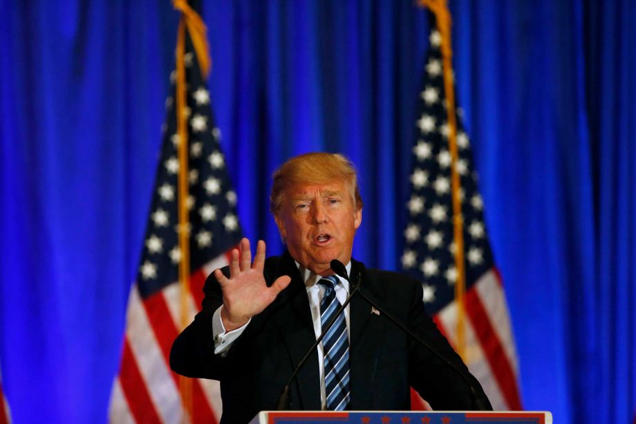 Republican presidential candidate Donald Trump speaks during a news conference Saturday