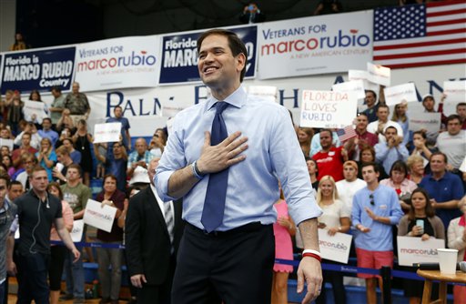 Republican presidential candidate Sen. Marco Rubio R-Fla. speaks during a campaign rally at Palm Beach Atlantic University in West Palm Beach Fla. Monday