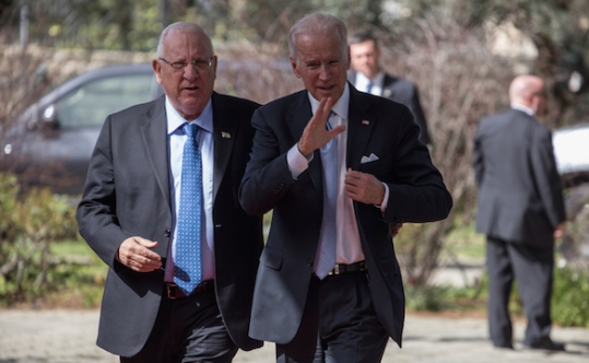 Vice President Joe Biden right walking with Israeli President Reuven Rivlin on their way to a news conference in Jerusalem