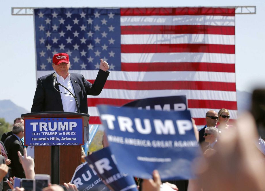 Republican presidential candidate Donald Trump speaks during a campaign rally Saturday