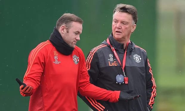 Wayne Rooney and Louis Van Gaal in training