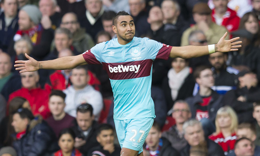 West Ham United's Dimitri Payet celebrates after scoring during the English FA Cup quarterfinal soccer match between Manchester United and West Ham United at Old Trafford Stadium Manchester England Sunday