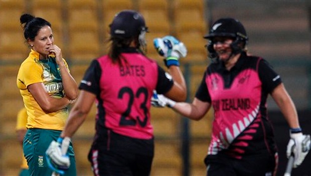 South Africa's Marizanne Kapp left reacts after New Zealand's Rachel Priest right hit a boundary off her delivery during their ICC Women's Twenty20 2016 Cricket World Cup match in Bangalore India. |AP