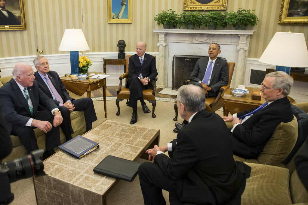 President Barack Obama and Vice President Joe Biden meet with Sen. Patrick Leahy D-Vt. Senate Minority Leader Harry Reid D-Nev. Sen. Chuck Grassley R-Iowa and Senate Majority Leader Mitch McConnell R-Ky. to discuss the Supreme Court