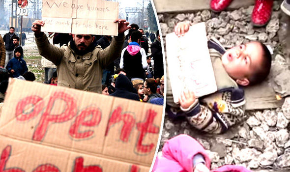 Children lay on tracks in Idomeni