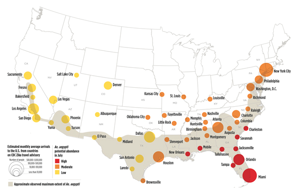 Map highlights U.S. cities with conditions that could put them at risk for Zika virus outbreaks