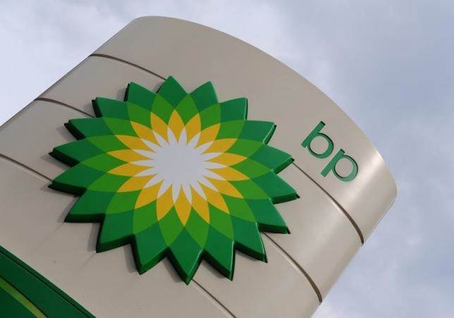 A British Petroleum logo is seen at a petrol station in south London