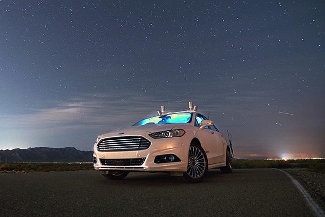 A Ford Fusion Hybrid vehicle was shown to drive safely along lonely desert roads with no headlights