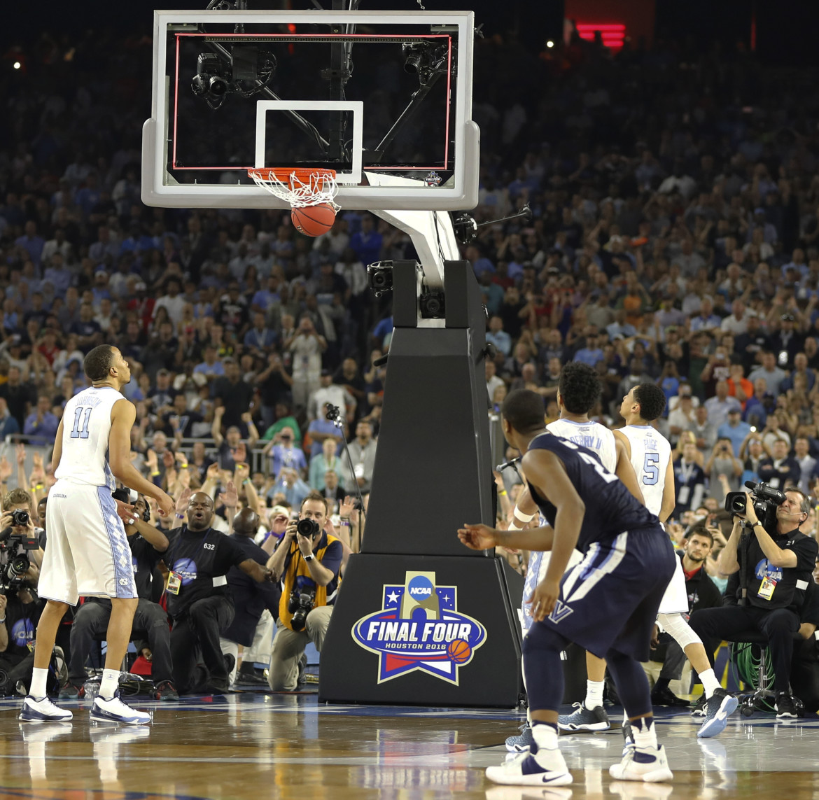 Villanova's Kris Jenkins watches his game winning three point basket at the closing seconds of the NCAA Final Four tournament