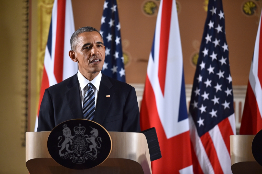 US President Barack Obama speaks during a press conference at the Foreign and Commonwealth Office in central London on April 22 2016 with Britain's Prime Minister David Cameron following a meeting at Downing Street.
US President Barack O