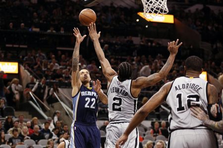 Apr 17 2016 San Antonio TX USA Memphis Grizzlies small forward Matt Barnes shoots the ball over San Antonio Spurs small forward Kawhi Leonard during the second half in game one of the first round of the NBA Playoffs at AT&T Center. Mandatory