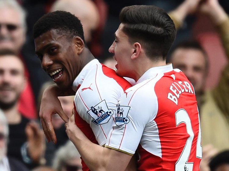 Arsenal v Watford- Barclays Premier League- Emirates Stadium- 2/4/16 Alex Iwobi celebrates scoring the second goal for Arsenal with Hector Bellerin