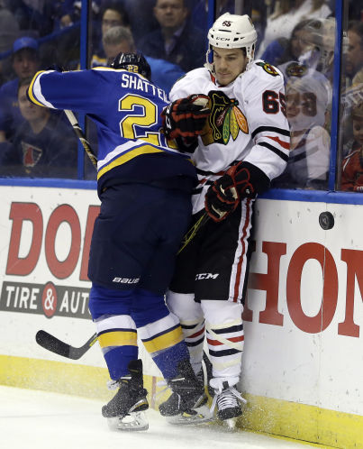 Bang-up ending St. Louis&#8217 Kevin Shattenkirk left and Chicago’s Andrew Shaw meet in Game 7. See