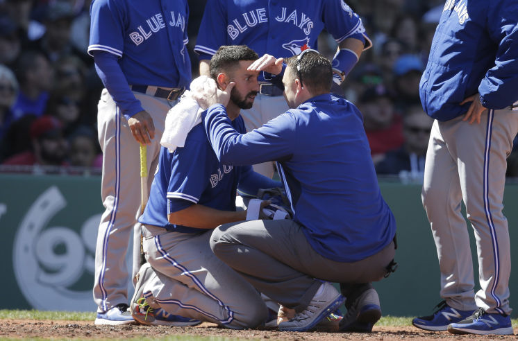 The Blue Jays&#8217 Chris Colabello being tended to after he was hit by a pitch on Sunday has been suspended 80 games