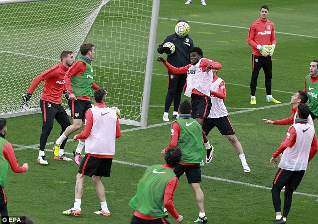 Atletico Madrid players in action during the team's training session in Majadahonda sports city on Tuesday