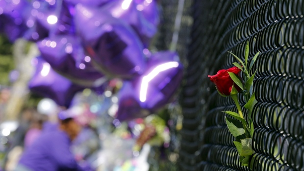 A single rose sits in a fence in tribute to musician Prince at a makeshift memorial outside of Paisley Park his home and recording studio just outside Minneapolis