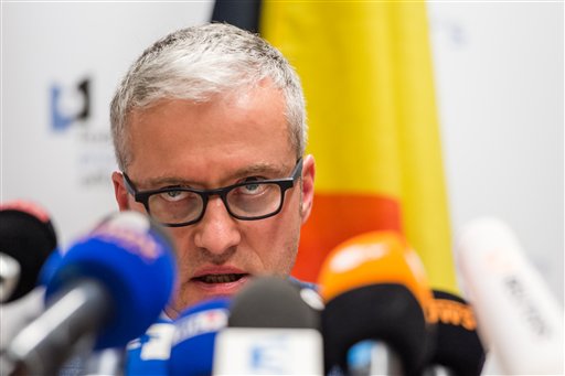 Spokesman for the Belgian Federal Prosecutors Office Thierry Werts addresses the media during a press conference in Brussels on Friday. The prosecutor's office confirmed a fugitive suspect in the Nov. 13 Paris attacks was arrested in Belgium on Friday