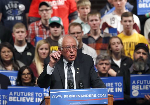 Democratic presidential candidate Sen. Bernie Sanders I-Vt. speaks at a campaign rally in Laramie Wyo. Wyoming Democrats are caucusing Saturday April 9 to voice their preference for who should be the