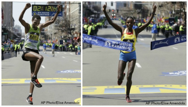 Boston Marathon 2016 winners Lemi Berhanu Hayle and Atsede Baysa