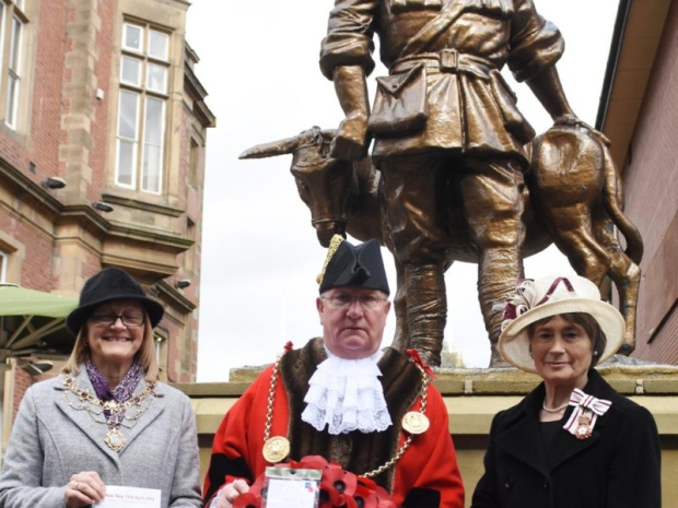 The Mayoress and Mayor of South Tyneside Coun Richard Porthouse and Patricia Porthouse with the Lord Lieutenant of Tyne & Wear Mrs Susan Winfield OBE at the John Simpson Kirkpatrick memorial statue Ocean Road South Shields Town Centre