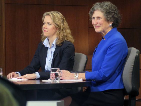 Wisconsin Supreme Court Justice Rebecca Bradley left and opponent Jo Anne Kloppenburg listen during a debate at Marquette University in Milwaukee. While the U.S. Supreme Court vacancy has been a heated