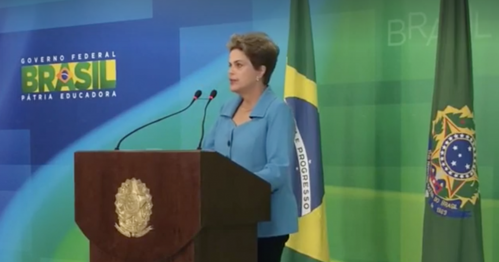 Brazilian President Dilma Rousseff speaks to the media after Sunday's impeachment vote. Source Office of the President of Brazil