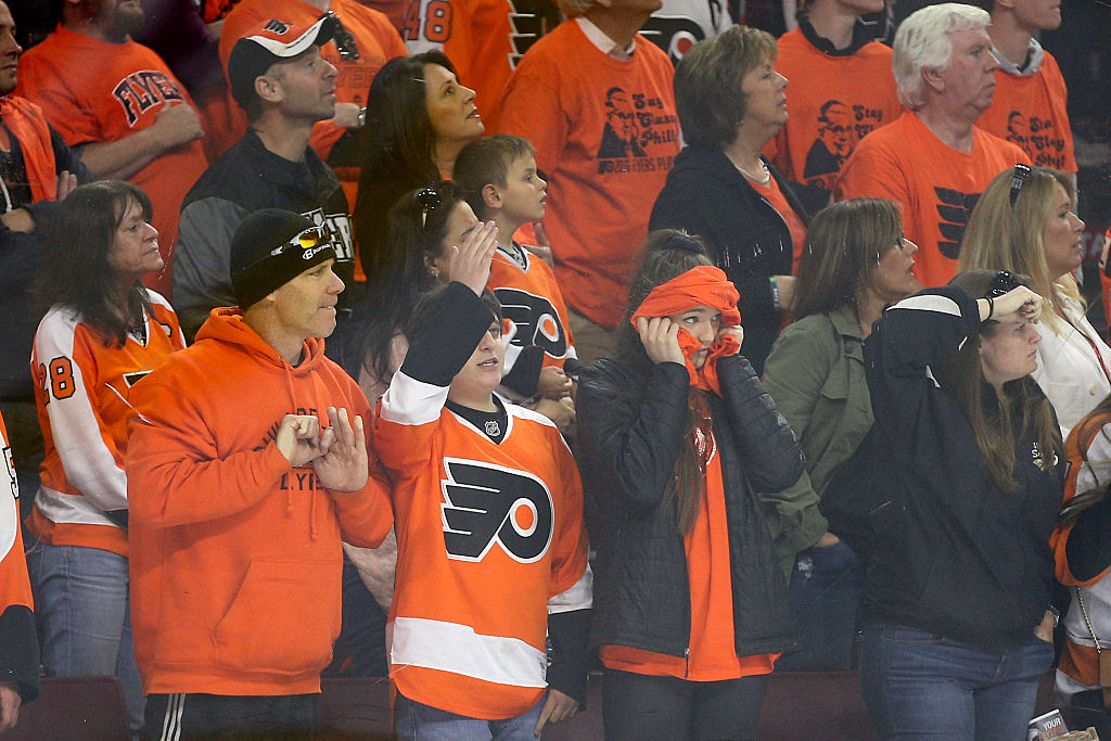 PHILADELPHIA PA- APRIL 24 Fans look on as time expires as the Philadelphia Flyers play the Washington Capitals during the third period in Game Six of the Eastern Conference Quarterfinals during the 2016 NHL Stanley Cup Playoffs at Wells Fargo Center