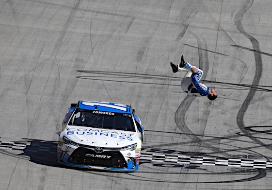 Carl Edwards celebrates after winning Sunday's Sprint Cup Series race at Bristol Motor Speedway