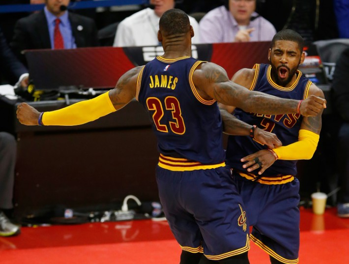 Getty  AFP  Gregory Shamus Kyrie Irving of the Cleveland Cavaliers celebrates his late fourth quarter three pointer with teammate Le Bron James while playing the Detroit Pistons in game three of the NBA Eastern Conference quarter-finals in Auburn Hills