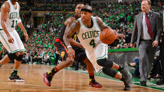 Isaiah Thomas #4 of the Boston Celtics handles the ball against the Atlanta Hawks in Game Three of the Eastern Conference Quarterfinals