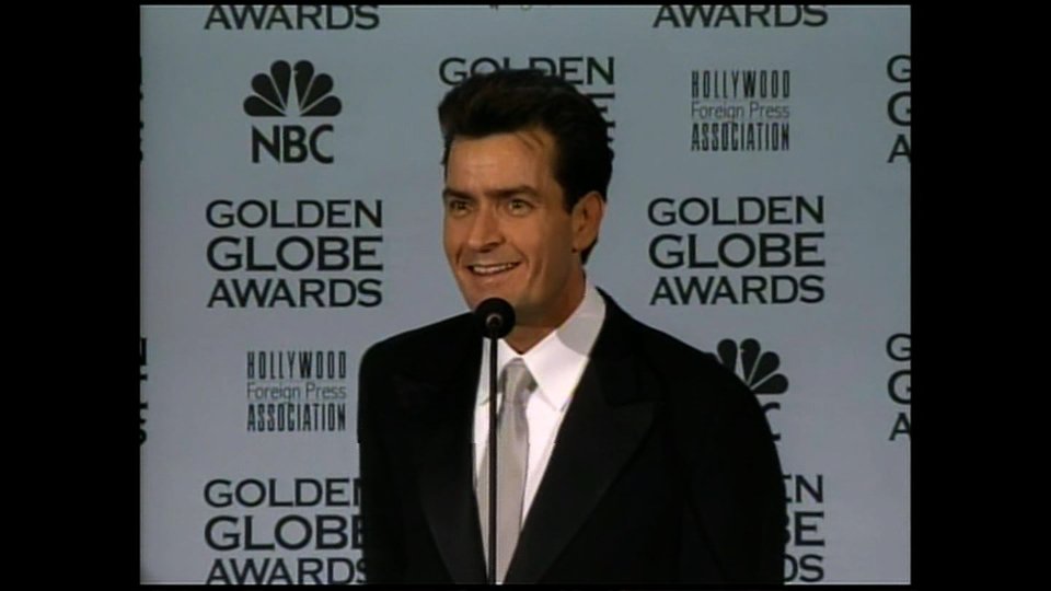 Screen grab of actor Charlie Sheen at the 2001 Golden Globes