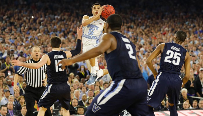 North Carolina guard Marcus Paige shoots against Villanova during the second half of the NCAA Final Four tournament college basketball championship game Monday