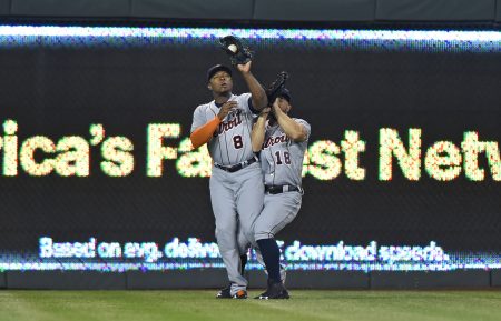 Apr 21 2016 Kansas City MO USA Detroit Tigers left fielder Justin Upton collides with center fielder Tyler Collins as he catches a fly ball from Kansas City Royals batter Alex Gordon to end the seventh inning at Kauffman Stadi