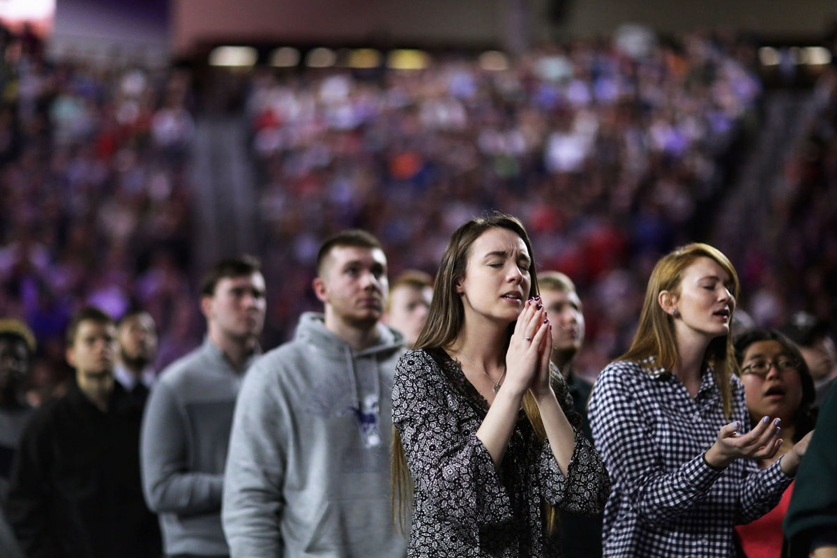 Attendees sang songs of Christian praise during a January 2016 appearance by Donald Trump at Liberty University in Lynchburg Virginia founded by the televangelist Jerry Falwell