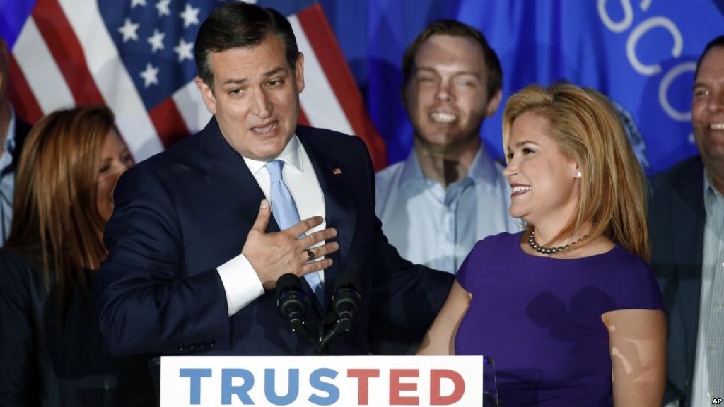 Republican presidential candidate Sen. Ted Cruz R-Texas speaks as his wife Heidi listens during a primary night campaign event