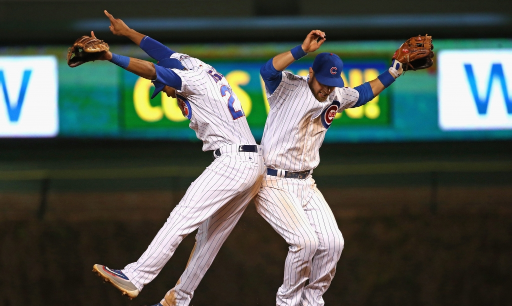 Cubs infielders Addison Russell left and Ben Zobrist celebrate a win