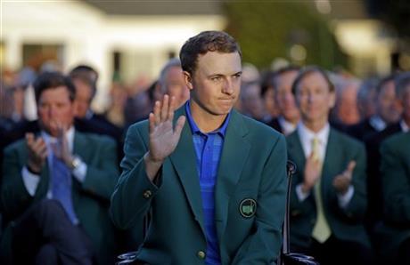 Defending Masters champion Jordan Spieth waves during presentation following the final round of the Masters golf tournament Sunday