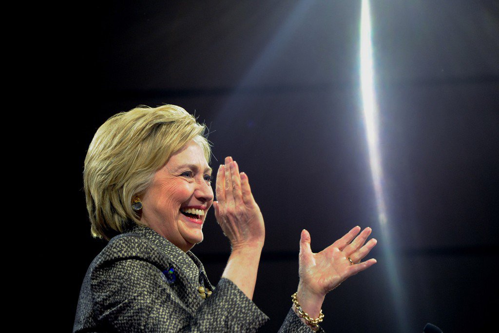 Hillary Clinton arrives onstage at her victory party at the Convention Center in Philadelphia on Tuesday night. She won Tuesday's primaries in Pennsylvania Delaware Maryland and Connecticut to close in on the Democratic nomination.
Tom Gralish  The Phila