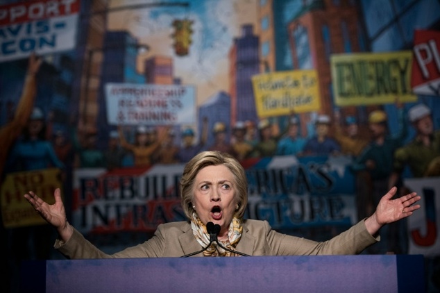 Democratic US Presidential hopeful Hillary Clinton speaks on stage